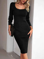 Robe Midi Côtelée Noire Manches Longues – Fente Latérale Femme