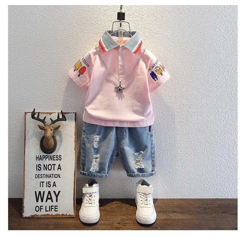 2-10 Years Kids Boys Clothes Set Summer Short Sleeve Cartoon Print Lapel T-shirt And Denim Shorts 2PCS Children Tracksuit Outfit - Astra Wear astrawear.ca