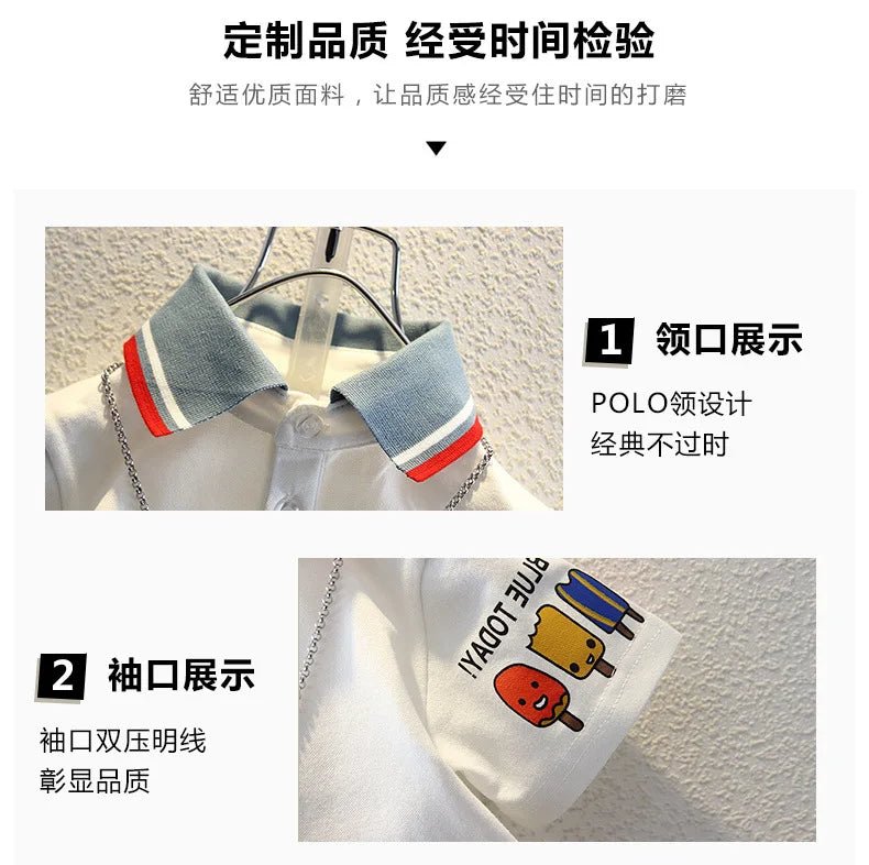 2-10 Years Kids Boys Clothes Set Summer Short Sleeve Cartoon Print Lapel T-shirt And Denim Shorts 2PCS Children Tracksuit Outfit - Astra Wear astrawear.ca
