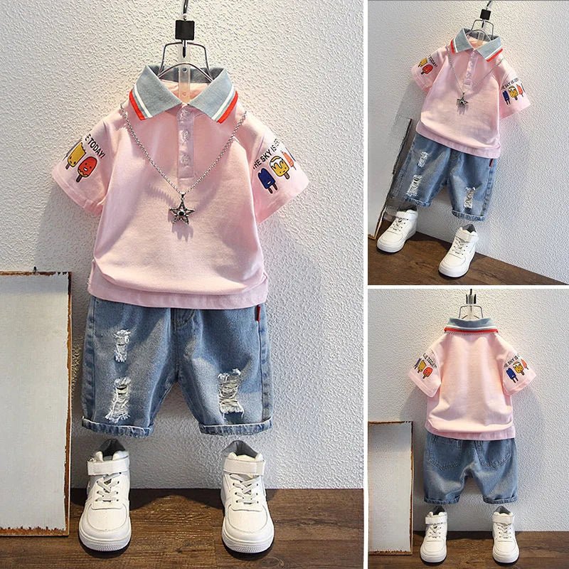2-10 Years Kids Boys Clothes Set Summer Short Sleeve Cartoon Print Lapel T-shirt And Denim Shorts 2PCS Children Tracksuit Outfit - Astra Wear astrawear.ca