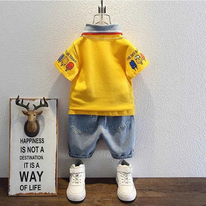 2-10 Years Kids Boys Clothes Set Summer Short Sleeve Cartoon Print Lapel T-shirt And Denim Shorts 2PCS Children Tracksuit Outfit