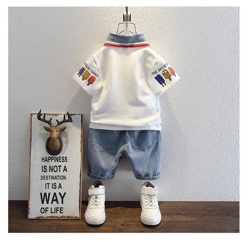 2-10 Years Kids Boys Clothes Set Summer Short Sleeve Cartoon Print Lapel T-shirt And Denim Shorts 2PCS Children Tracksuit Outfit - Astra Wear astrawear.ca