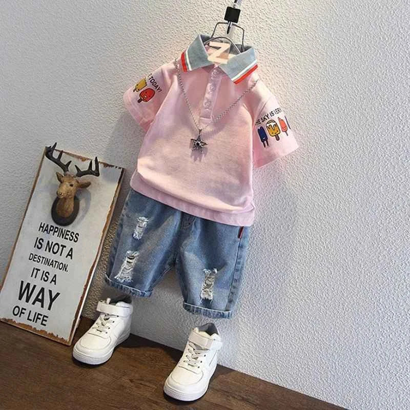 2-10 Years Kids Boys Clothes Set Summer Short Sleeve Cartoon Print Lapel T-shirt And Denim Shorts 2PCS Children Tracksuit Outfit
