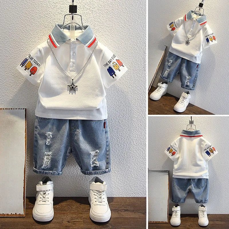 2-10 Years Kids Boys Clothes Set Summer Short Sleeve Cartoon Print Lapel T-shirt And Denim Shorts 2PCS Children Tracksuit Outfit - Astra Wear astrawear.ca