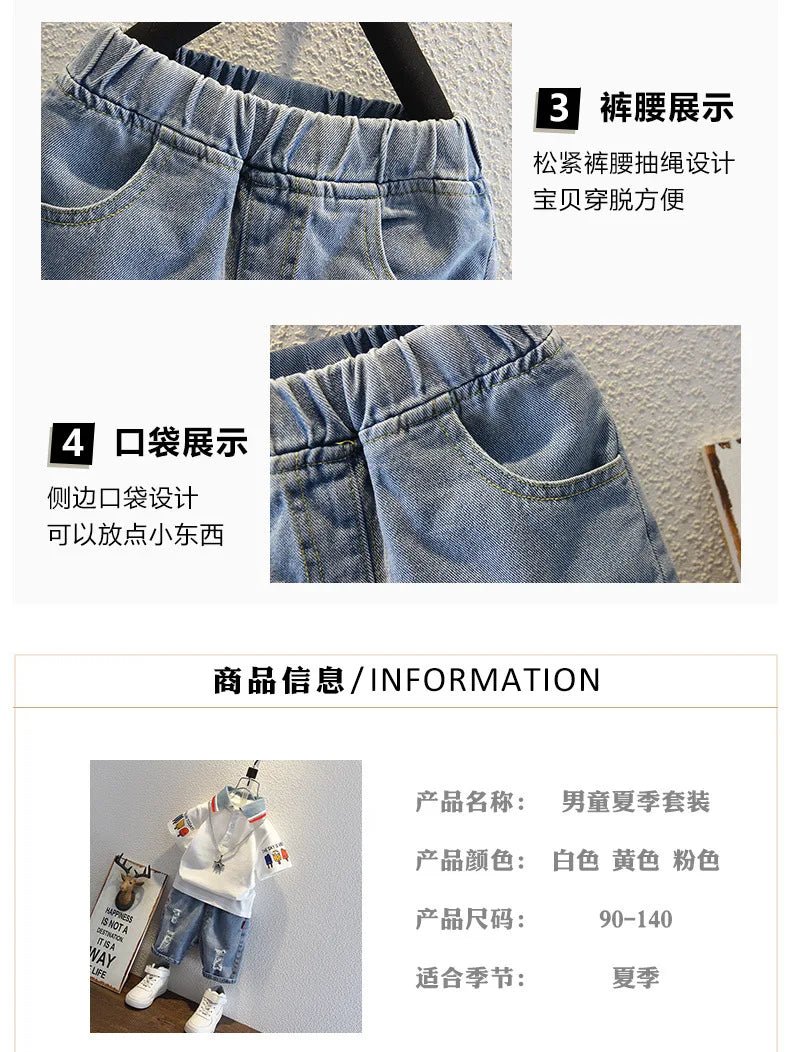 2-10 Years Kids Boys Clothes Set Summer Short Sleeve Cartoon Print Lapel T-shirt And Denim Shorts 2PCS Children Tracksuit Outfit - Astra Wear astrawear.ca