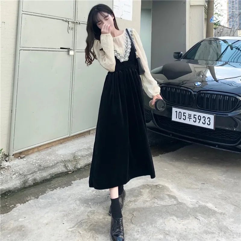2025 French Vintage Velvet Dress Suits Women Fashion Elegant Two-piece Sets Spring Autumn V-neck Dress + Shirts Female - Astra Wear astrawear.ca