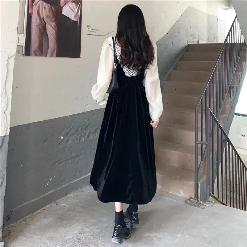 2025 French Vintage Velvet Dress Suits Women Fashion Elegant Two-piece Sets Spring Autumn V-neck Dress + Shirts Female - Astra Wear astrawear.ca