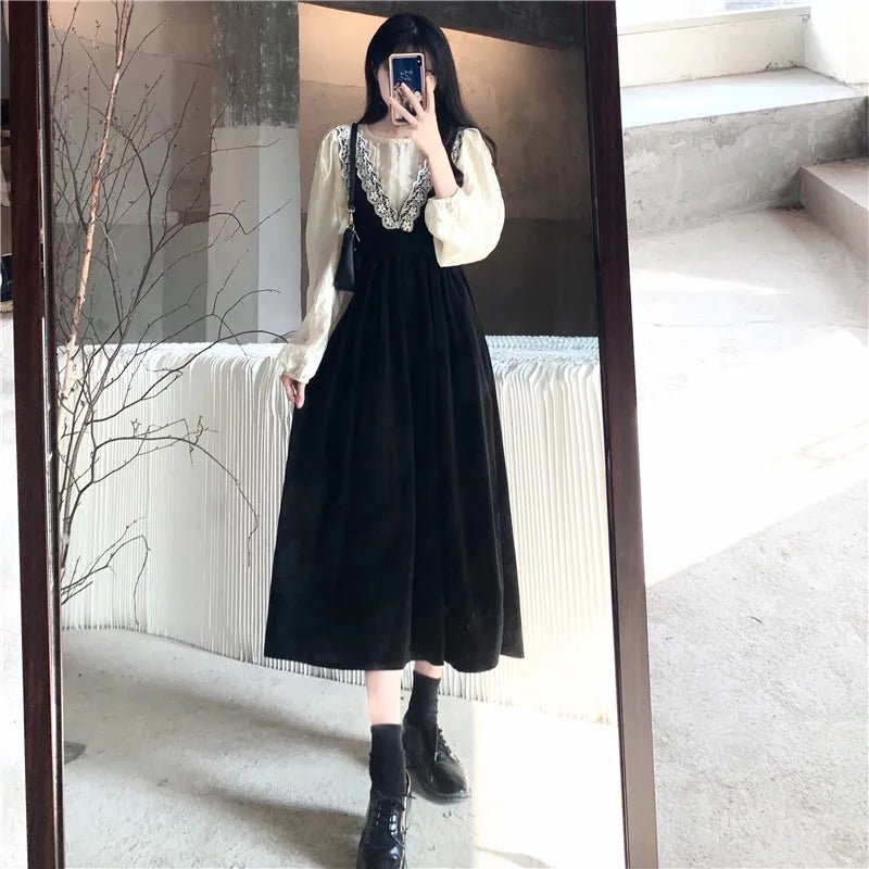 2025 French Vintage Velvet Dress Suits Women Fashion Elegant Two-piece Sets Spring Autumn V-neck Dress + Shirts Female - Astra Wear astrawear.ca