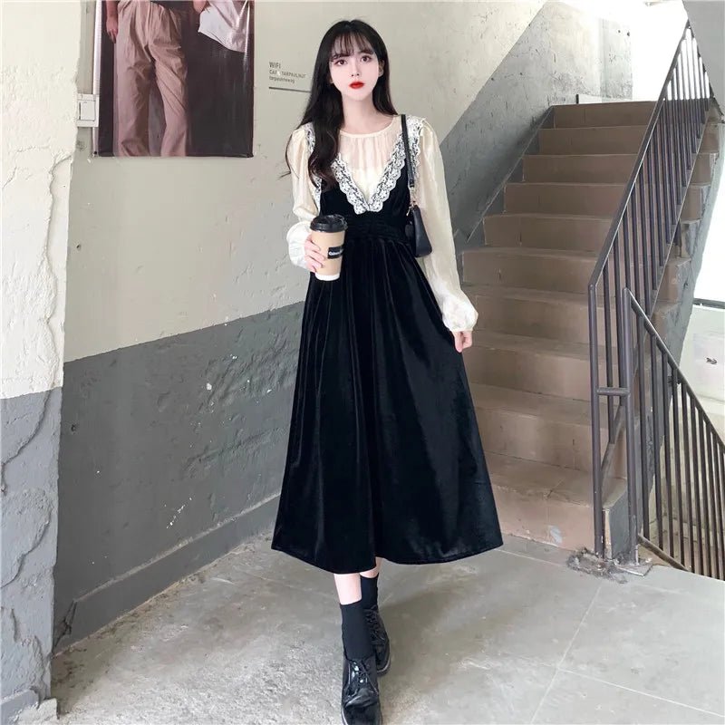 2025 French Vintage Velvet Dress Suits Women Fashion Elegant Two-piece Sets Spring Autumn V-neck Dress + Shirts Female - Astra Wear astrawear.ca