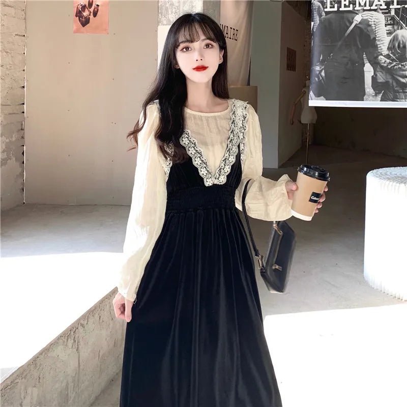 2025 French Vintage Velvet Dress Suits Women Fashion Elegant Two-piece Sets Spring Autumn V-neck Dress + Shirts Female - Astra Wear astrawear.ca