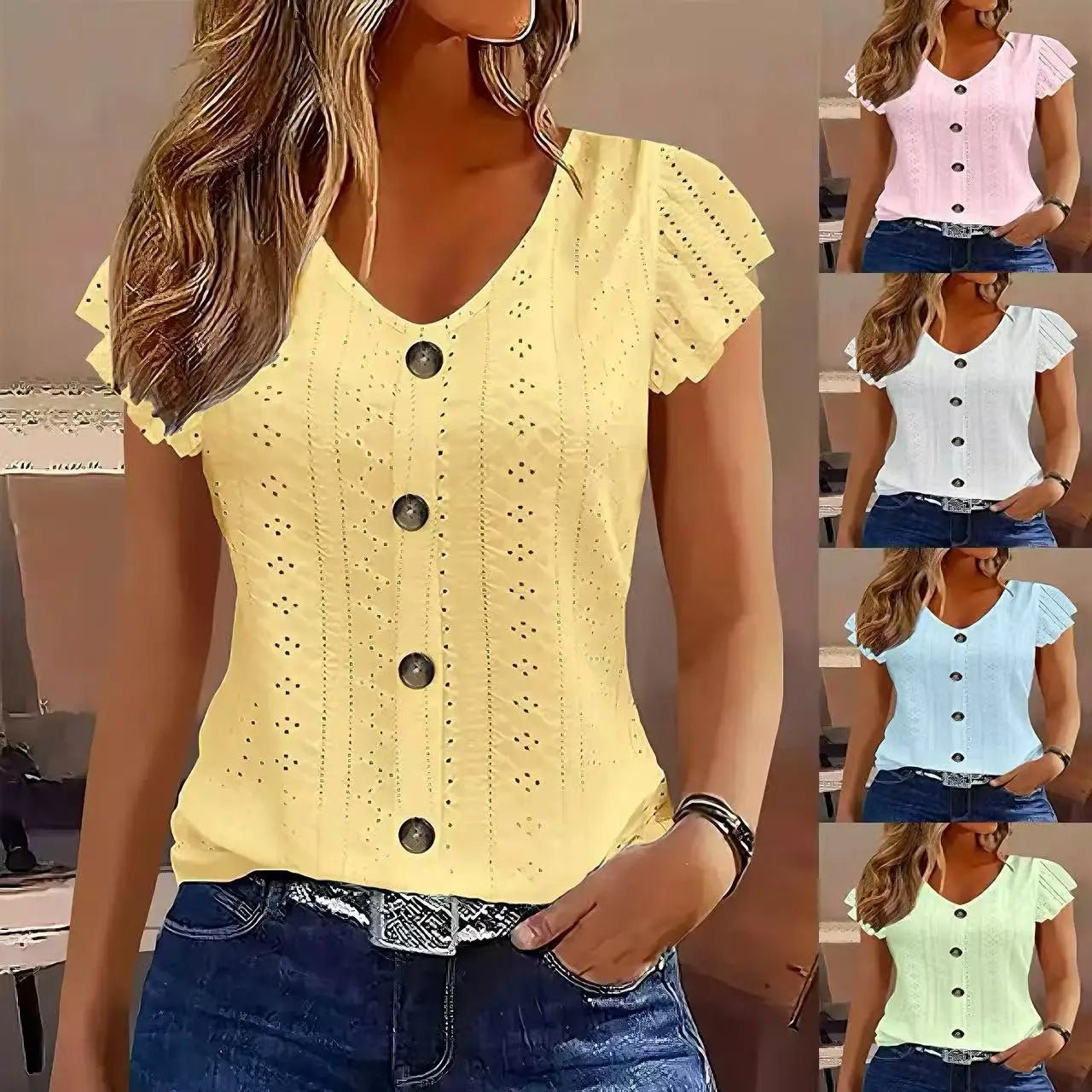 2025 Spring/Summer new women's fashion stylish commute casual solid color multi-color ruffle sleeve V-neck T-shirt - Astra Wear astrawear.ca