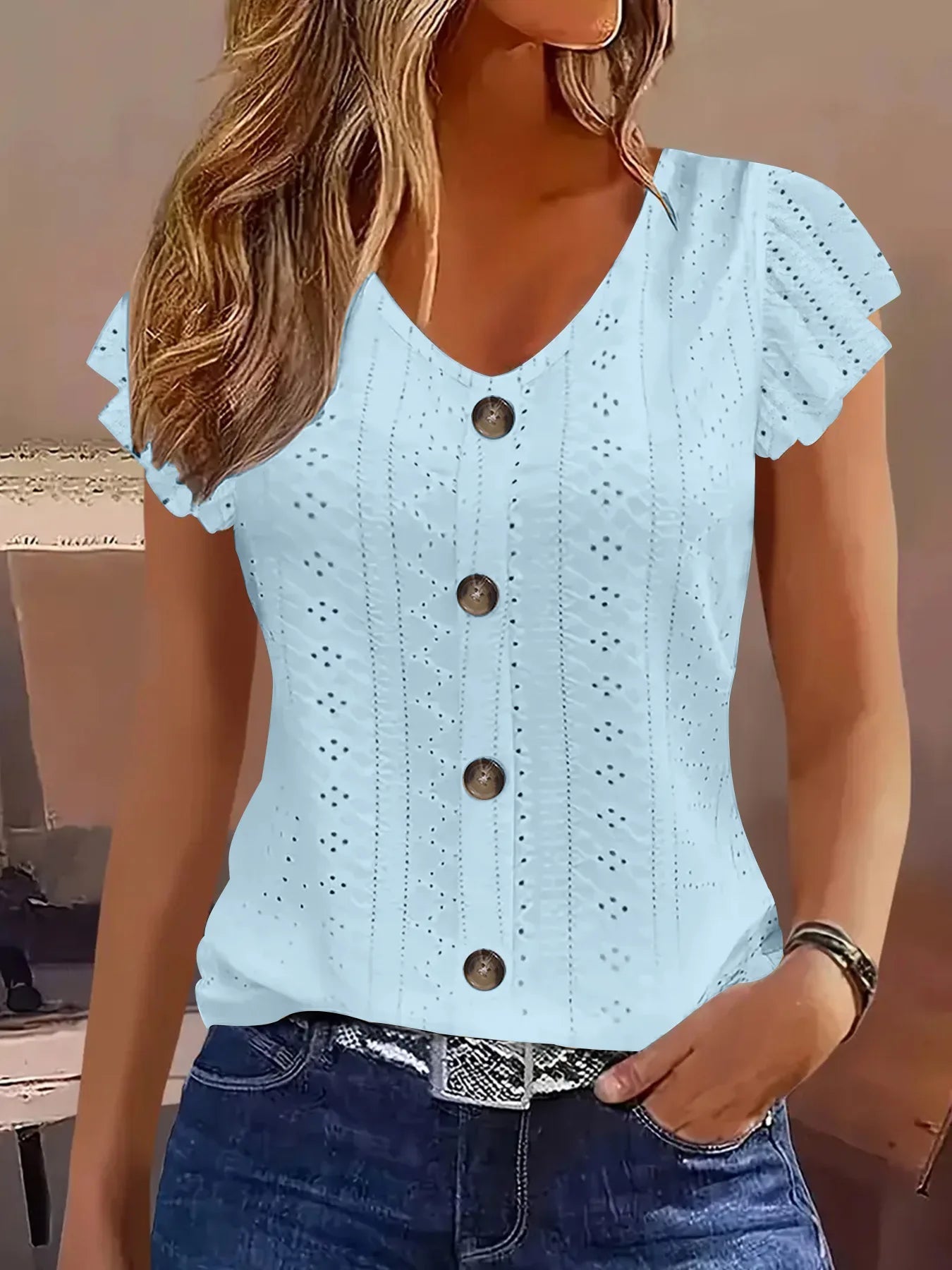 2025 Spring/Summer new women's fashion stylish commute casual solid color multi-color ruffle sleeve V-neck T-shirt - Astra Wear astrawear.ca