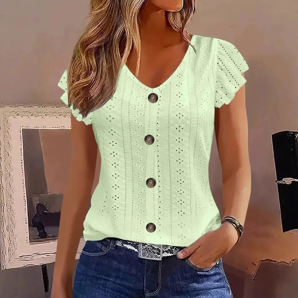 2025 Spring/Summer new women's fashion stylish commute casual solid color multi-color ruffle sleeve V-neck T-shirt - Astra Wear astrawear.ca