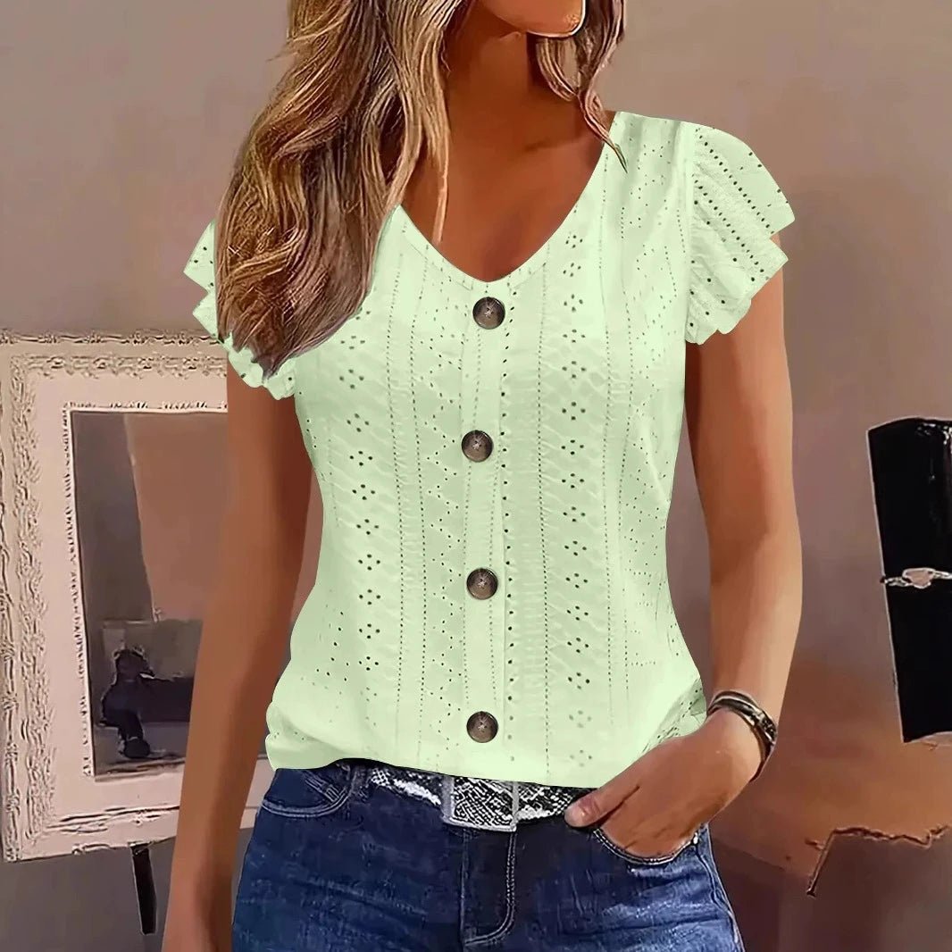 2025 Spring/Summer new women's fashion stylish commute casual solid color multi-color ruffle sleeve V-neck T-shirt - Astra Wear astrawear.ca