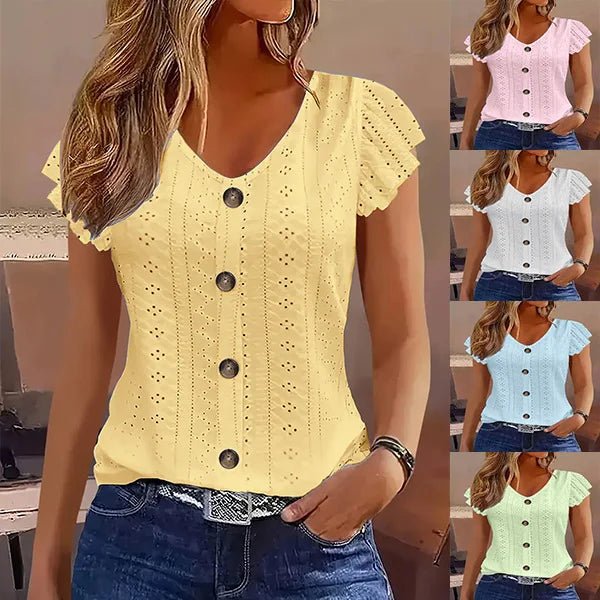 2025 Spring/Summer new women's fashion stylish commute casual solid color multi-color ruffle sleeve V-neck T-shirt - Astra Wear astrawear.ca