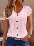 2025 Spring/Summer new women's fashion stylish commute casual solid color multi-color ruffle sleeve V-neck T-shirt - Astra Wear astrawear.ca