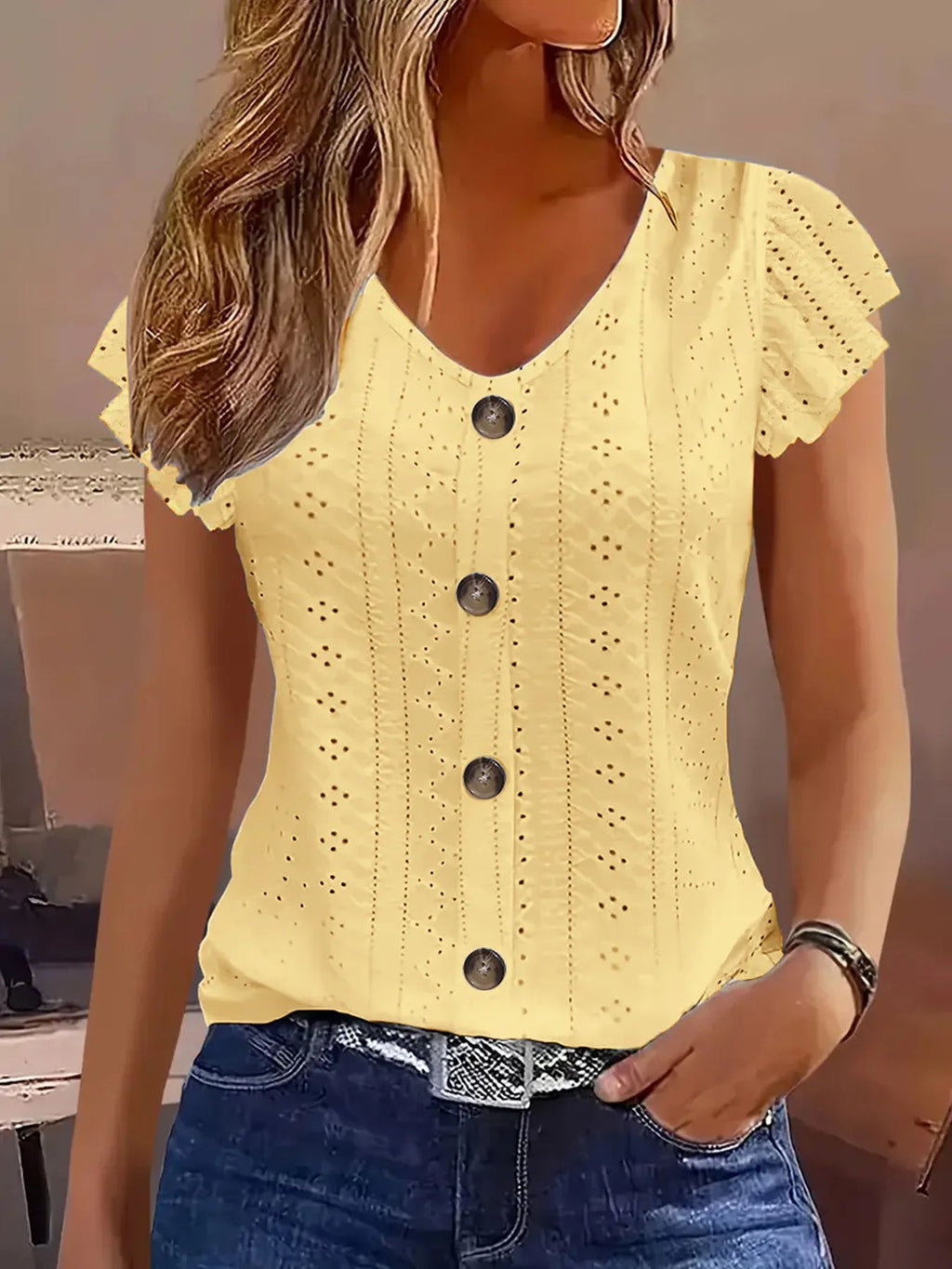 2025 Spring/Summer new women's fashion stylish commute casual solid color multi-color ruffle sleeve V-neck T-shirt - Astra Wear astrawear.ca