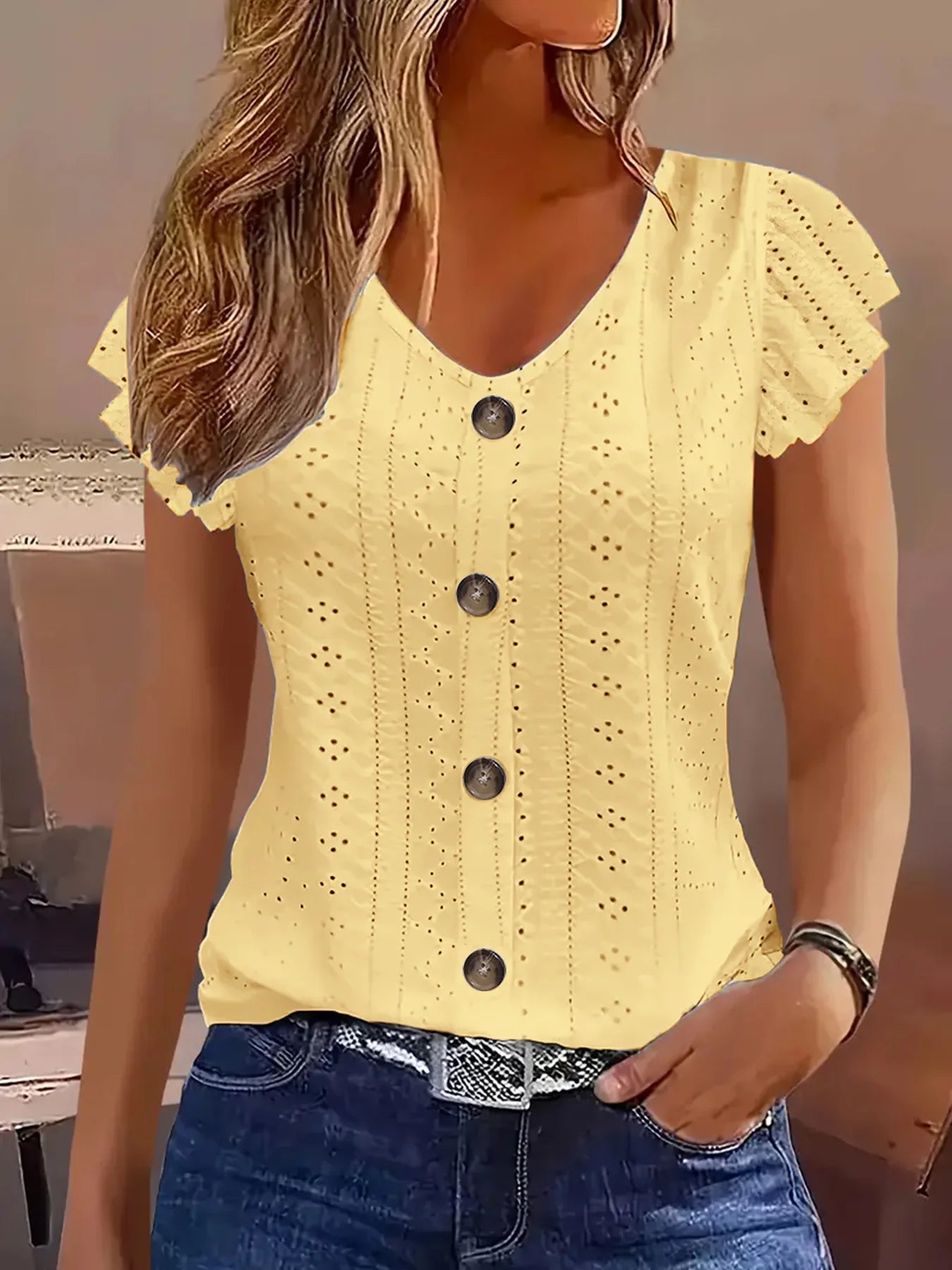 2025 Spring/Summer new women's fashion stylish commute casual solid color multi-color ruffle sleeve V-neck T-shirt - Astra Wear astrawear.ca