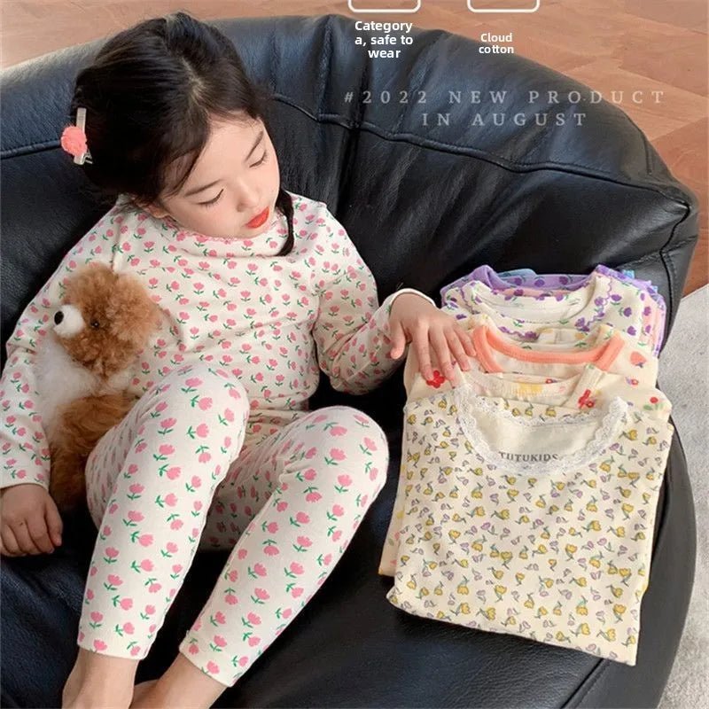2026 Children's Sets Kids Velvet Pajamas Set Floral Long Sleeve Thermal Loungewear for Baby Girls & Boys Home Wear Clothes - Astra Wear astrawear.ca
