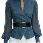 2026 New Women's Denim Express Summer and Autumn New V-Neck Lace Long Sleeve Top - Astra Wear astrawear.ca