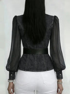 2026 New Women's Denim Express Summer and Autumn New V-Neck Lace Long Sleeve Top - Astra Wear astrawear.ca
