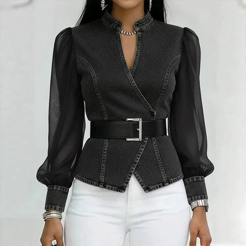 2026 New Women's Denim Express Summer and Autumn New V-Neck Lace Long Sleeve Top - Astra Wear astrawear.ca