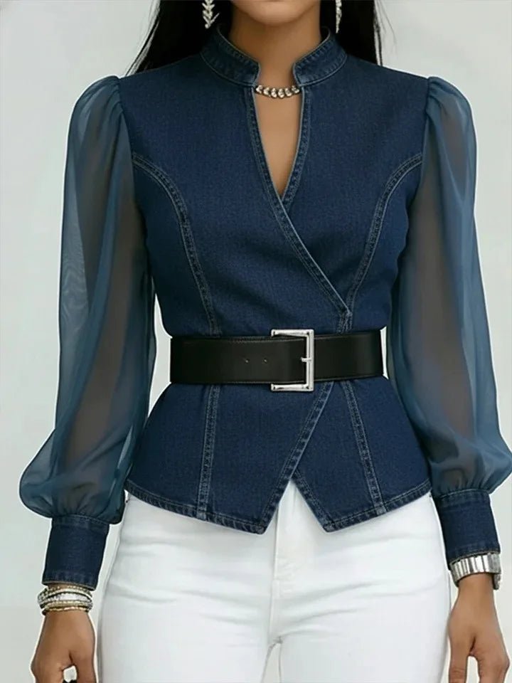 2026 New Women's Denim Express Summer and Autumn New V-Neck Lace Long Sleeve Top - Astra Wear astrawear.ca