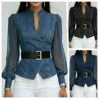 2026 New Women's Denim Express Summer and Autumn New V-Neck Lace Long Sleeve Top - Astra Wear astrawear.ca