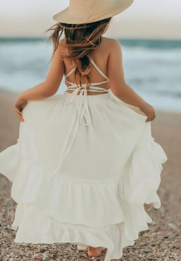 2026 Nordic Girls Spring Summer Cotton Linen Backless Bohemian Lace Mid Length Children Vest Dress - Astra Wear astrawear.ca