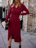 Robe Midi Bodycon Manches Longues – Col V Torsadé Tricot Côtelé Fente