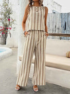 Ensemble Deux Pièces Rayé Femme – Top Sans Manches + Pantalon Ajusté