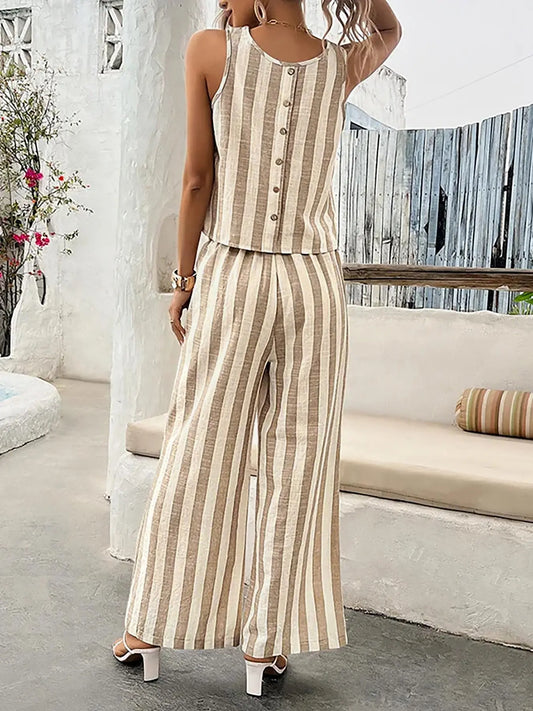 2Pcs Women'S Striped Sleeveless Two-Piece Set , Striped Sets, Lightweight Fabric & Matching Striped Pattern & Back Button Top & Elastic Waist Wide-Leg Pants & Multi-Color Options