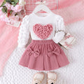 2PCS Winter New Style For 0-3 Year Old Girls, Comfortable Sweet And Cute Bubble Sleeves, Love Chapter Top + Pink Short Skirt Set - Astra Wear astrawear.ca