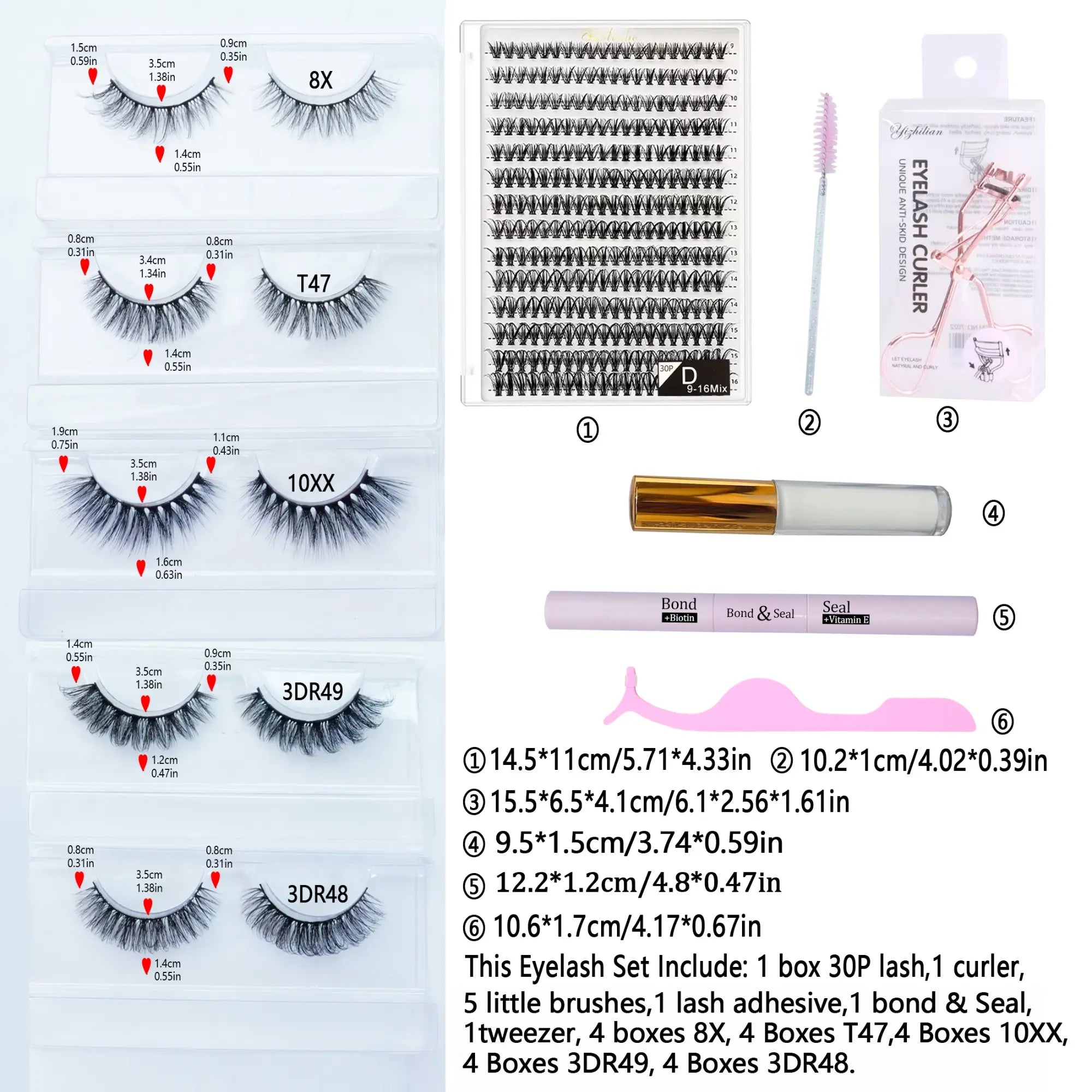 20 Pairs Medium Lashes & 1 Set 30 P Cluster Lashes & 1 Count Lash Adhesive & 1 Count Bond & Seal & 1 Count Applicator & 5 Counts Lash Brush & 1 Count Eyelash Curler, Summer Makeup, Eyelash Extensions Set, Diy False Eyelashes