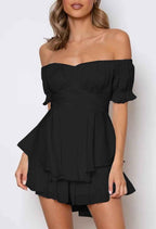 Combinaison Short Femme Boho – Romper Chiffon Épaules Dénudées Volants