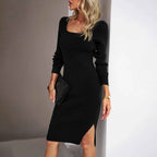 Robe Midi Côtelée Noire Manches Longues – Fente Latérale Femme