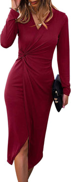 Robe Midi Bodycon Manches Longues – Col V Torsadé Tricot Côtelé Fente