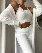 Ensemble Loungewear 3 Pièces Polaire Femme – Cardigan + Top + Pantalon