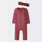 Romper Bébé Fille + Bandeau – Combinaison Jacquard Carreaux Bordeaux