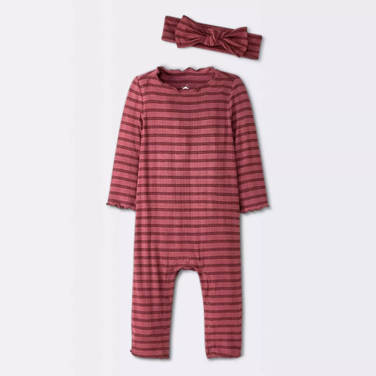 Baby Girls' Jacquard Checkered Romper & Headband - Cloud Island Burgundy