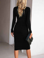 Robe Midi Côtelée Noire Manches Longues – Fente Latérale Femme