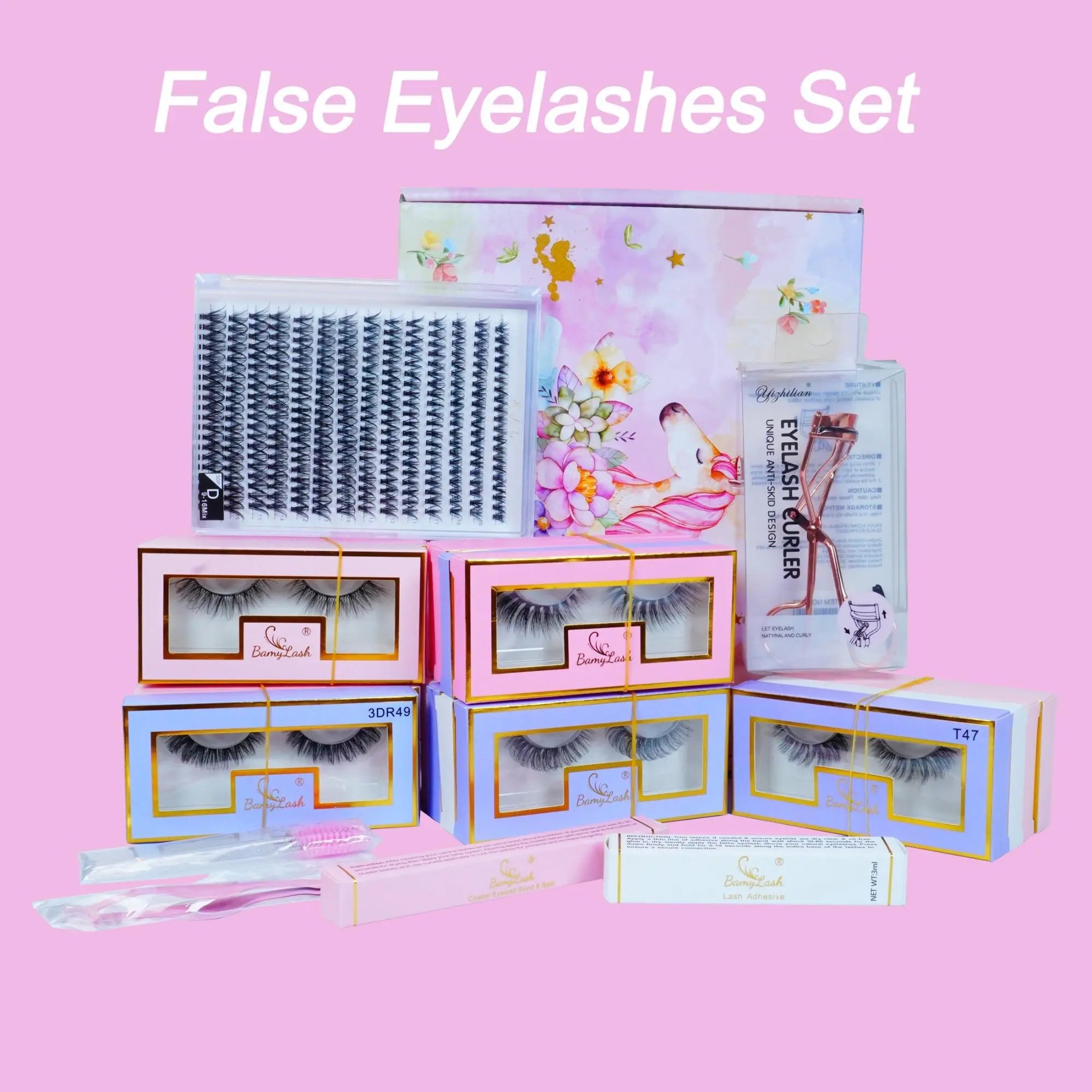 20 Pairs Medium Lashes & 1 Set 30 P Cluster Lashes & 1 Count Lash Adhesive & 1 Count Bond & Seal & 1 Count Applicator & 5 Counts Lash Brush & 1 Count Eyelash Curler, Summer Makeup, Eyelash Extensions Set, Diy False Eyelashes