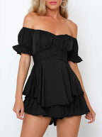 Combinaison Short Femme Boho – Romper Chiffon Épaules Dénudées Volants