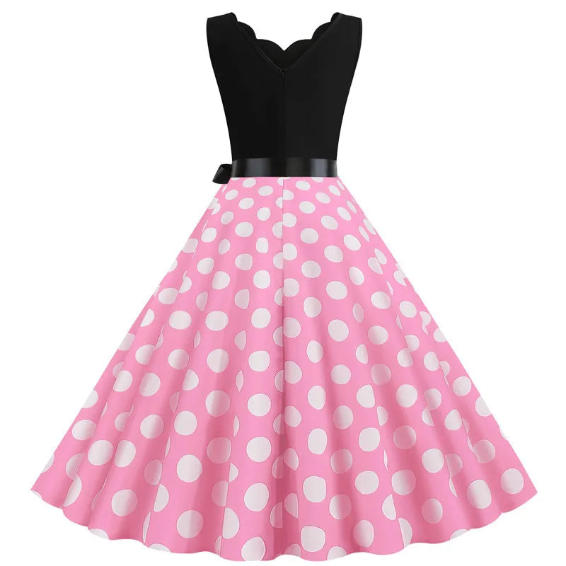 Women Dot Print Dress Summer Sexy V-neck Sleeveless Elegant Vintgae Party Dress Vestidos  S~3XL Robe Femme