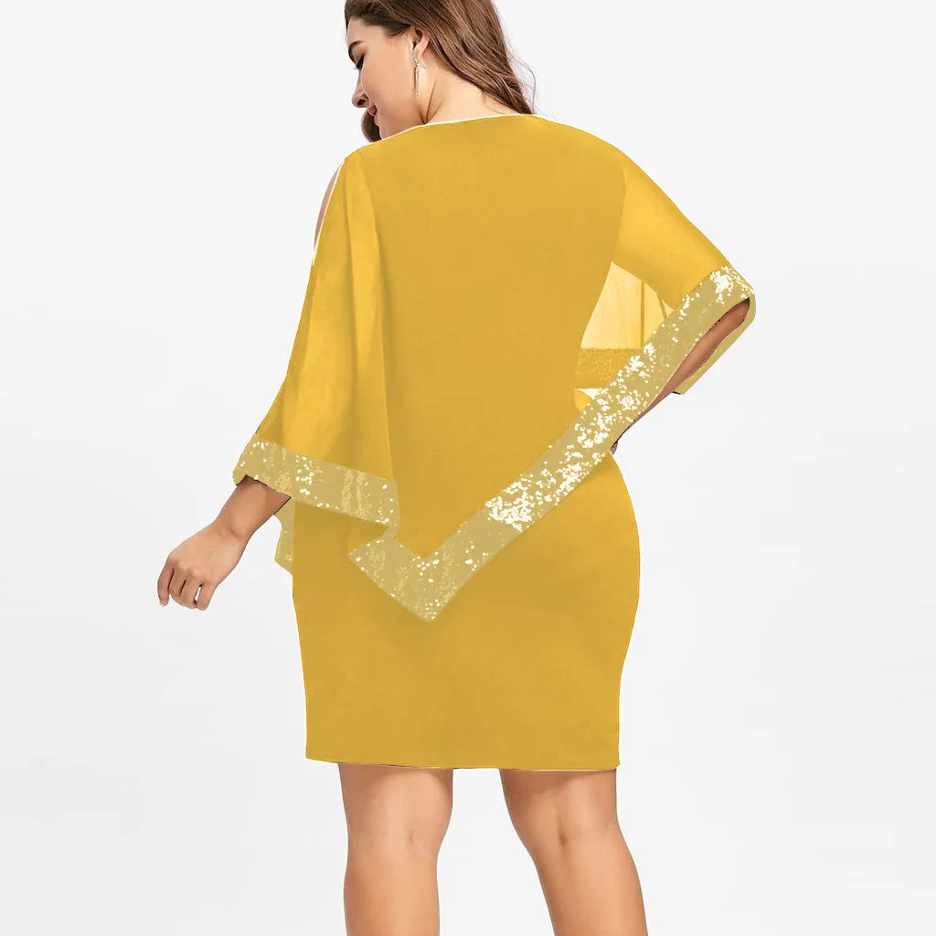 Plus Size Summer Dress Women Sexy Cold Shoulder Overlay Asymmetric Chiffon Strapless Sequins Dresses Evening Party Dress 5XL