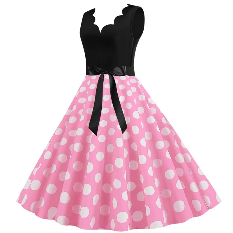 Women Dot Print Dress Summer Sexy V-neck Sleeveless Elegant Vintgae Party Dress Vestidos  S~3XL Robe Femme