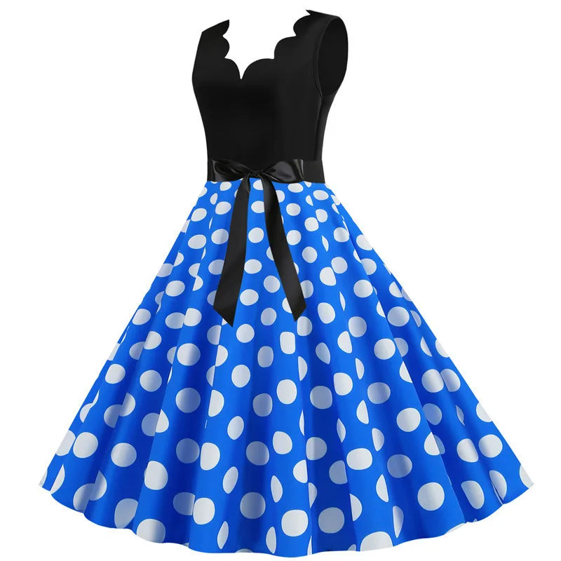 Women Dot Print Dress Summer Sexy V-neck Sleeveless Elegant Vintgae Party Dress Vestidos  S~3XL Robe Femme