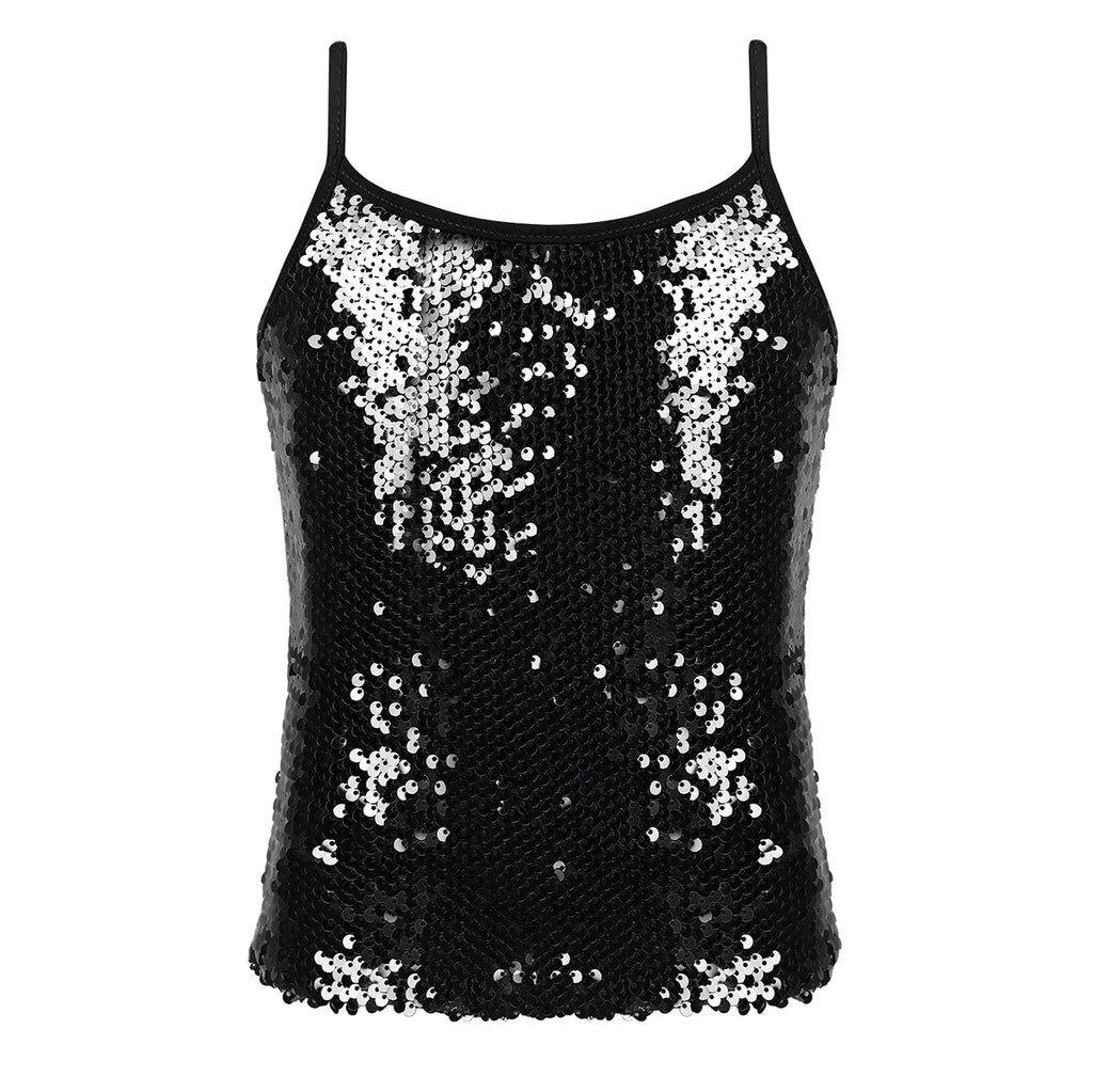 Kids Girls Shiny Sequined Tops Vest Jazz Dance Camisole Tanks Top for Ballet Dancing Stage Performance Girls Clothing Streetwear