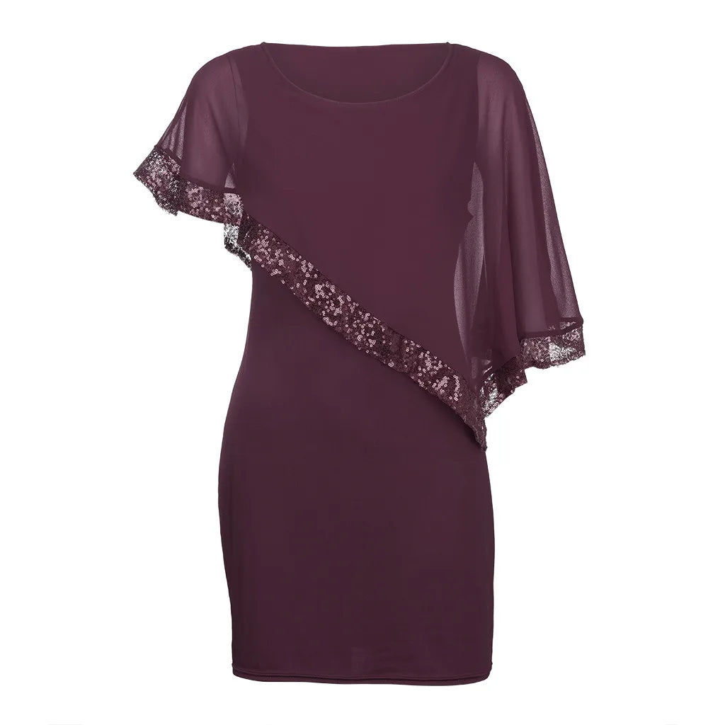 Plus Size Summer Dress Women Sexy Cold Shoulder Overlay Asymmetric Chiffon Strapless Sequins Dresses Evening Party Dress 5XL