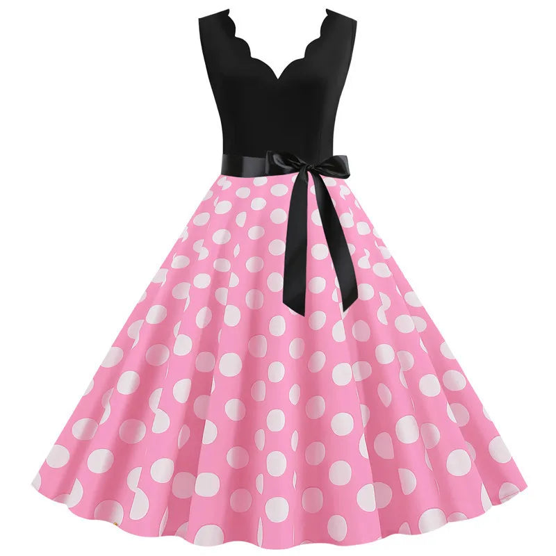 Women Dot Print Dress Summer Sexy V-neck Sleeveless Elegant Vintgae Party Dress Vestidos  S~3XL Robe Femme